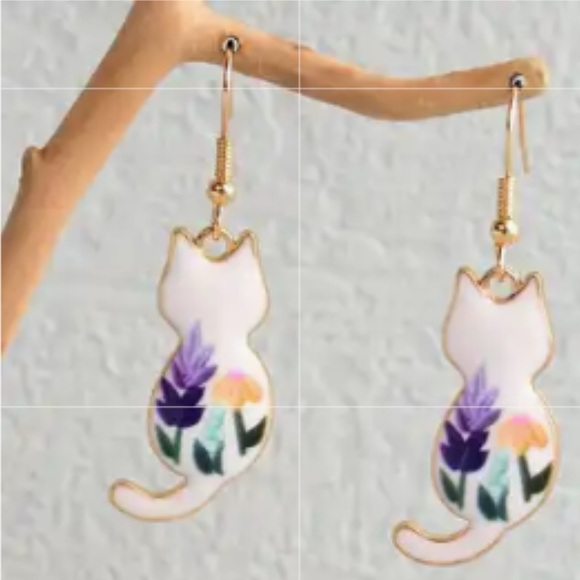 Jewelry - Floral Cat Earrings with Gold Accents